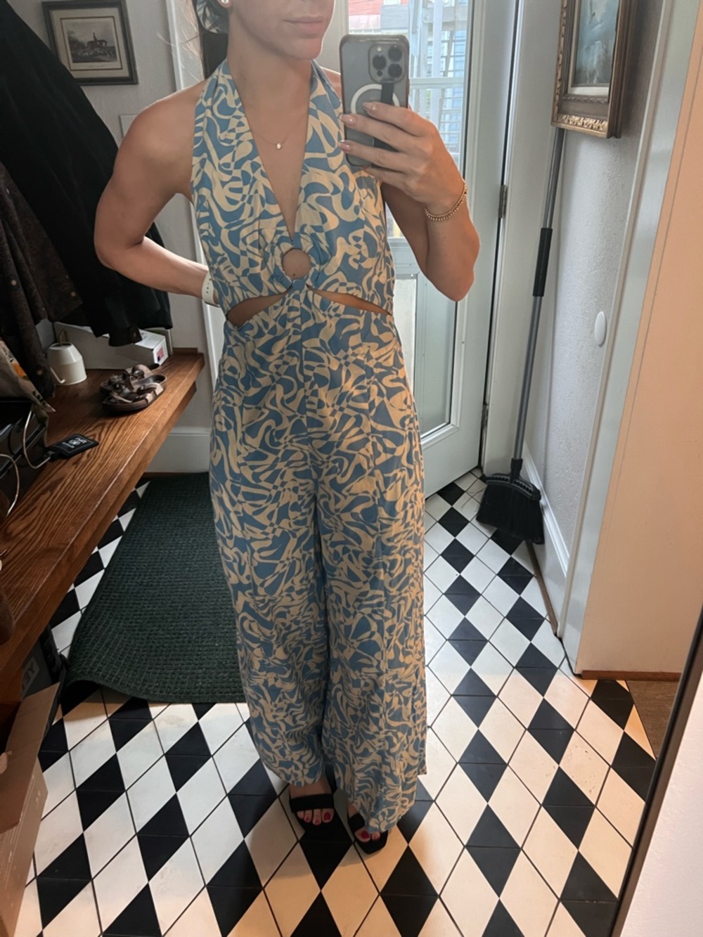 Free People Paris Blue and Cream Abstract Halter Romper